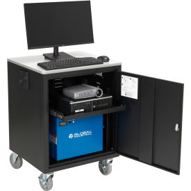 GoVets™ Mobile Powered Audio Visual Cart w/ Lockable Cabinet 100AH Battery Black 659PBK241