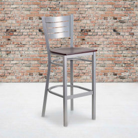 Flash Furniture Silver Slat Back Metal Restaurant Barstool - Mahogany Wood Seat - HERCULES Series DG-60402-BAR-MAHW-GGXU-