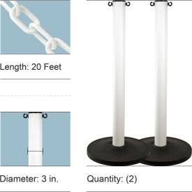 Mr. Chain® Industrial Stanchion Kit with 20' Chain & Weighted Base White Pack of 2 01-2716
