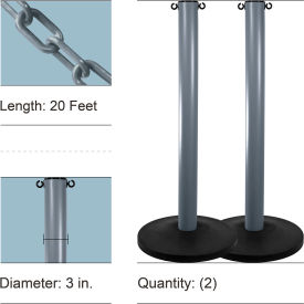 Mr. Chain® Industrial Stanchion Kit with 20' Chain & Weighted Base Silver Pack of 2 08-2716