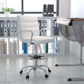 Flash Furniture Mid-Back LeatherSoft Drafting Chair Adjustable Foot Ring Chrome Base White 2286B-WH-GGGO-