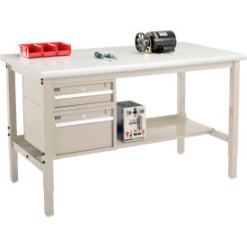 GoVets™ 60 x 30 Production Workbench - Laminate Safety Edge - Drawers & Shelf - Tan 228TN319