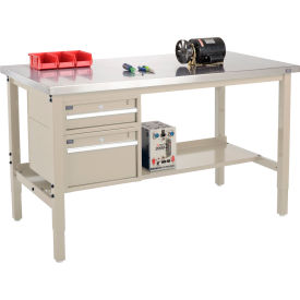 GoVets™ 60x30 Production Workbench Stainless Steel Square Edge Drawers & Shelf Tan 235TN319