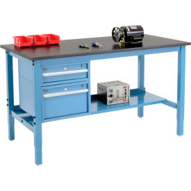GoVets™ 72 x 30 Production Workbench - Phenolic Safety Edge - Drawers & Shelf Blue 253BL319