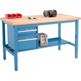 GoVets™ 72 x 36 Production Workbench - Maple Square Edge - Drawers & Shelf - Blue 257BL319