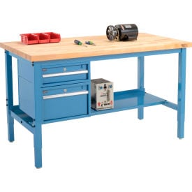 GoVets™ 72 x 36 Production Workbench - Birch Square Edge - Drawers & Shelf - Blue 259BL319