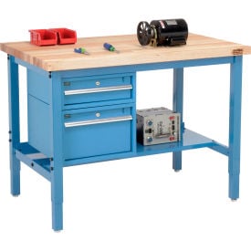 GoVets™ 96 x 36 Production Workbench - Maple Square Edge - Drawers & Shelf - Blue 272BL319
