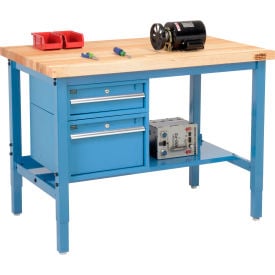 GoVets™ 96 x 36 Production Workbench - Birch Square Edge - Drawers & Shelf - Blue 273BL319