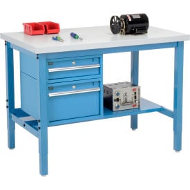 GoVets™ 96 x 36 Production Workbench - Laminate Square Edge - Drawers & Shelf - Blue 275BL319
