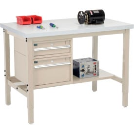 GoVets™ 48 x 30 Production Workbench - Laminate Square Edge - Drawers & Shelf - Tan 282TN319