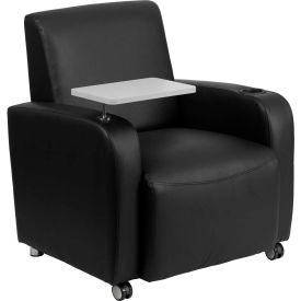Leather Mobile Guest Chair with Tablet Arm and Cup Holder - Black 8217-BK-CS-GGBT-