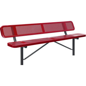 GoVets™ 8' Outdoor Steel Bench w/ Backrest Perforated Metal In Ground Mount Red 077IRD262