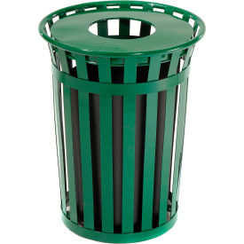 GoVets™ Outdoor Slatted Steel Trash Can With Flat Lid 36 Gallon Green 726GN237
