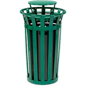 GoVets™ Outdoor Slatted Steel Trash Can With Rain Bonnet Lid 24 Gallon Green 803GN260