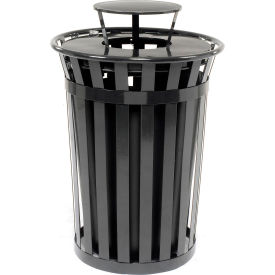 GoVets™ Outdoor Slatted Steel Trash Can With Rain Bonnet Lid 36 Gallon Black 804BK260