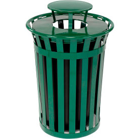 GoVets™ Outdoor Slatted Steel Trash Can With Rain Bonnet Lid 36 Gallon Green 804GN260