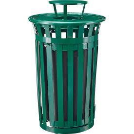 GoVets™ Outdoor Slatted Steel Trash Can W/Access Door & Rain Bonnet Lid36 GalGreen 941GN261