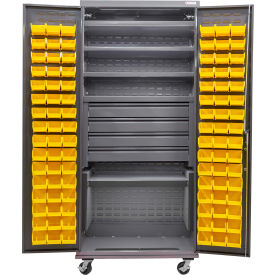 GoVets Configurable Mobile Bin Cabinet36x24x85Gray5 Shelf4 Drawers96 Yellow Bins 650MYL708