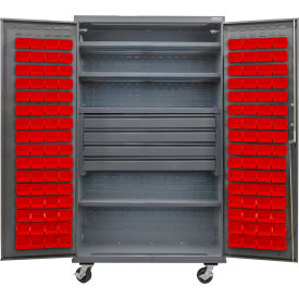 GoVets Configurable Mobile Bin Cabinet48x24x85Gray4 Shelf4 Drawers120 Red Bins 657MRD708