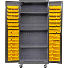 GoVets Configurable Mobile Bin & Shelf Cabinet 36x24x85 Gray 3 Shelf 96 Yellow Bins 666MYL708