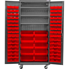GoVets Configurable Mobile Bin & Shelf Cabinet 36x24x85 Gray 3 Shelf 108 Red Bins 668MRD708
