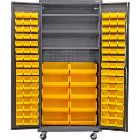 GoVets Configurable Mobile Bin & Shelf Cabinet 36x24x85 Gray 3 Shelf 108 Yellow Bins 668MYL708