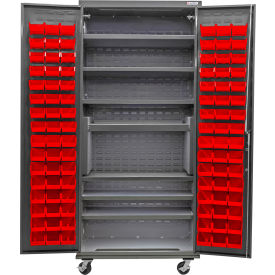 GoVets Configurable Mobile Bin & Shelf Cabinet36Wx24Dx85HGray7 Shelf96 Red Bins 676MRD708