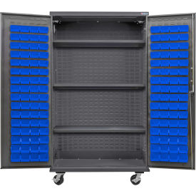 GoVets Configurable Mobile Bin & Shelf Cabinet 48x24x85 Gray 3 Shelf 120 Blue Bins 681MBL708