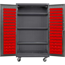 GoVets Configurable Mobile Bin & Shelf Cabinet 48x24x85 Gray 3 Shelf 120 Red Bins 681MRD708