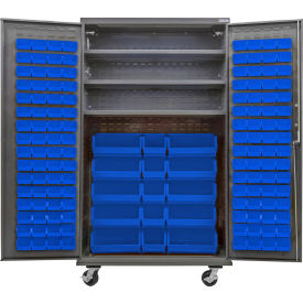 GoVets Configurable Mobile Bin & Shelf Cabinet 48x24x85 Gray 3 Shelf 144 Blue Bins 683MBL708