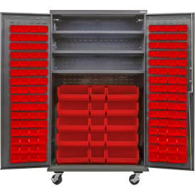 GoVets Configurable Mobile Bin & Shelf Cabinet 48x24x85 Gray 3 Shelf 144 Red Bins 683MRD708