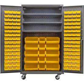 GoVets Configurable Mobile Bin & Shelf Cabinet 48x24x85 Gray 3 Shelf 144 Yellow Bins 683MYL708