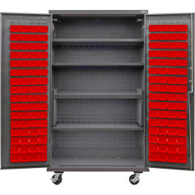 GoVets Configurable Mobile Bin & Shelf Cabinet 48x24x85 Gray 4 Shelf 120 Red Bins 685MRD708