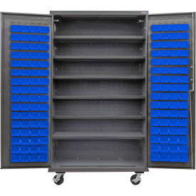 GoVets Configurable Mobile Bin & Shelf Cabinet 48x24x85 Gray 6 Shelf 120 Blue Bins 689MBL708