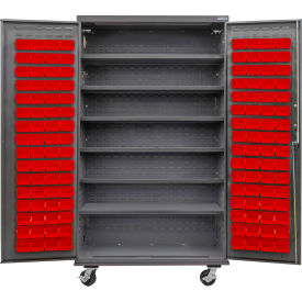 GoVets Configurable Mobile Bin & Shelf Cabinet 48x24x85 Gray 6 Shelf 120 Red Bins 689MRD708