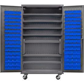 GoVets Configurable Mobile Bin & Shelf Cabinet 48x24x85 Gray 7 Shelf 120 Blue Bins 691MBL708