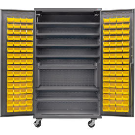 GoVets Configurable Mobile Bin & Shelf Cabinet 48x24x85 Gray 7 Shelf 120 Yellow Bins 691MYL708