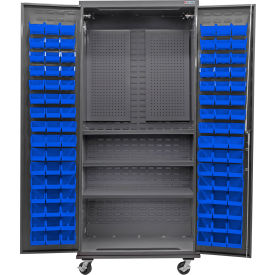 GoVets Configurable Mobile Pegboard Cabinet 36Wx24Dx85H Gray 3 Shelf 96 Blue Bins 719MBL708