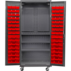 GoVets Configurable Mobile Pegboard Cabinet 36Wx24Dx85H Gray 3 Shelf 96 Red Bins 719MRD708