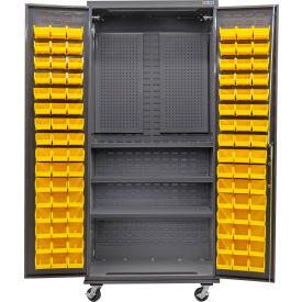 GoVets Configurable Mobile Pegboard Cabinet 36x24x85 Gray 3 Shelf 96 Yellow Bins 719MYL708