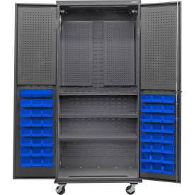 GoVets Configurable Mobile Pegboard Cabinet 36Wx24Dx85H Gray 3 Shelf 48 Blue Bins 723MBL708