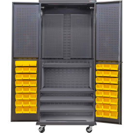 GoVets Configurable Mobile Pegboard Cabinet 36x24x85 Gray 4 Shelf 48 Yellow Bins 724MYL708
