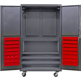 GoVets Configurable Mobile Pegboard Cabinet48W x 24D x 85HGray4 Shelf72 Red Bins 730MRD708