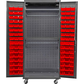 GoVets Configurable Mobile Wardrobe Cabinet 36Wx24Dx85H Gray 2 Shelf 96 Red Bins 735MRD708