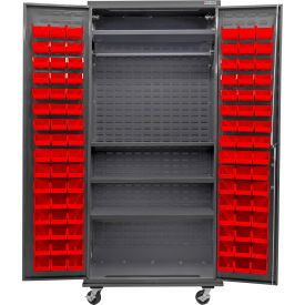 GoVets Configurable Mobile Wardrobe Cabinet 36Wx24Dx85H Gray 4 Shelf 96 Red Bins 737MRD708