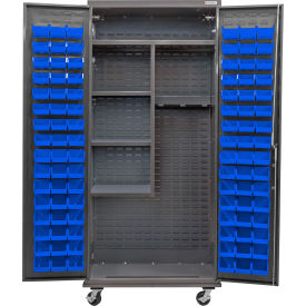 GoVets Configurable Mobile Janitorial Charging Cabinet 36Wx24Dx85H Gray 96 Blue Bins 744MBL708