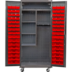 GoVets Configurable Mobile Janitorial Charging Cabinet36x24x85Gray4 Shelf96 Red Bins 744MRD708