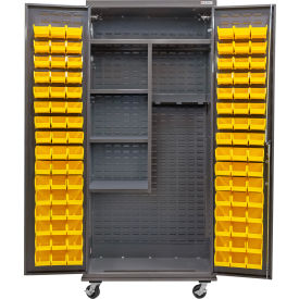 GoVets Configurable Mobile Janitorial Charging Cabinet36x24x85Gray4 Shelf96 Ylw Bins 744MYL708