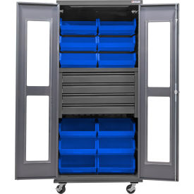 GoVets Clear-View Configurable Mobile Bin Cabinet36x24x85Gray4 Drawers12 Blue Bins 758MBL708