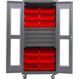 GoVets Clear-View Configurable Mobile Bin Cabinet36x24x85Gray4 Drawers12 Red Bins 758MRD708